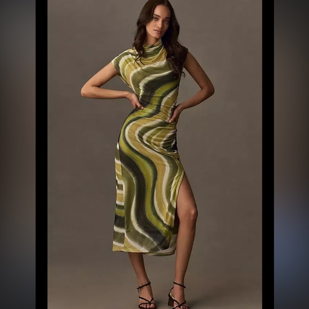 Anthropologie Cowl Neck Mesh Green and Black Dress